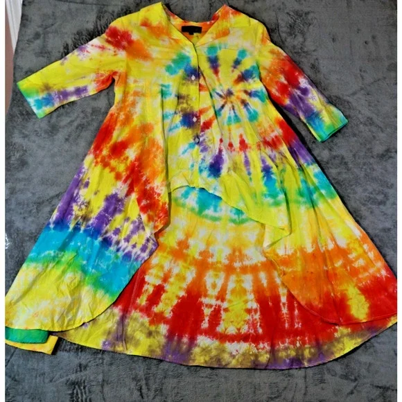 Luxe Artisan Hand Dyed Rainbow Tie-Dye Asymmetric Hem Dress Size Small - Picture 1 of 14